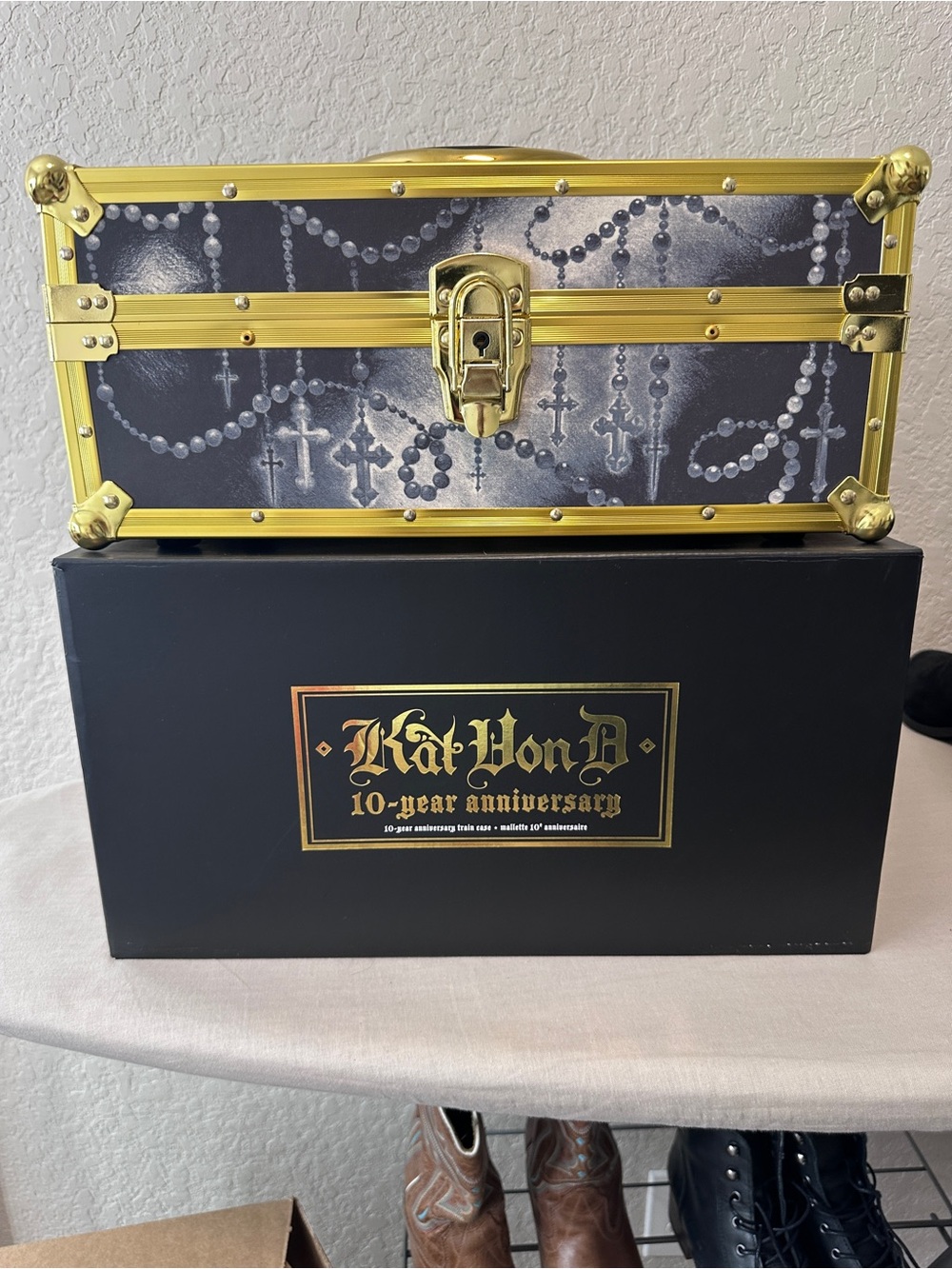 Kat Von D Black and Gold Rosary Print Makeup Case